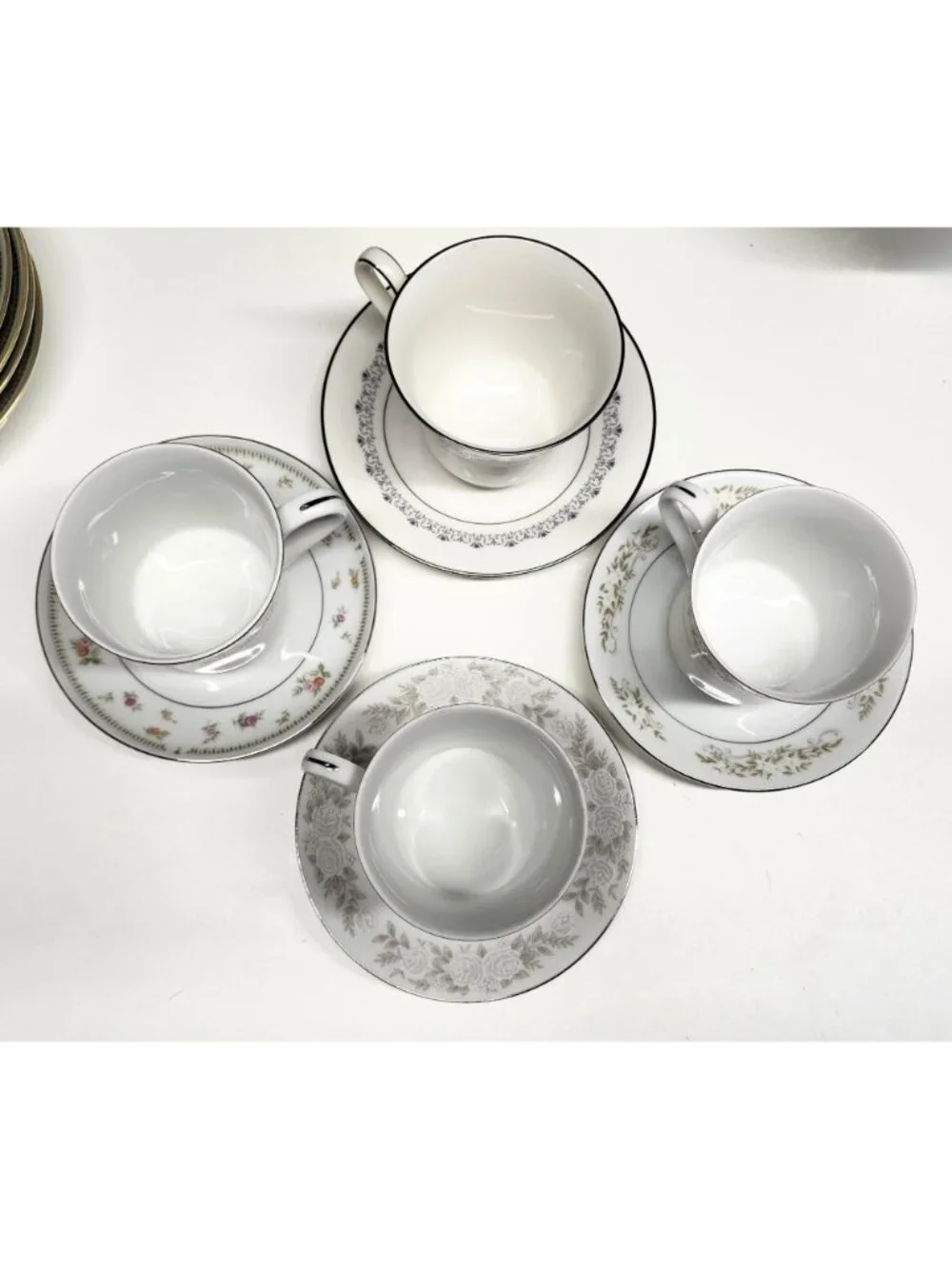 Mismatched China Tea Cups & Saucers Soft Floral Designs 4 Sets